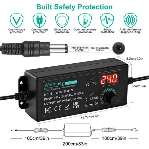 Adjustable DC Power Supply 3V To 24V 3A 72W With LCD Display AC Input 100 To 240V Includes 14 Tips Polarity Converter