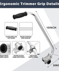 Ergonomic Trimmer Grip With Shoulder Strap Harness for String Trimmers, 15-inch aluminum handle, clamp details, size dimensions visible