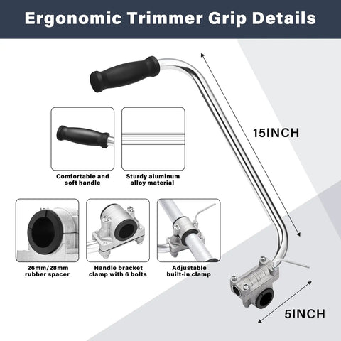 Ergonomic Trimmer Grip With Shoulder Strap Harness for String Trimmers, 15-inch aluminum handle, clamp details, size dimensions visible