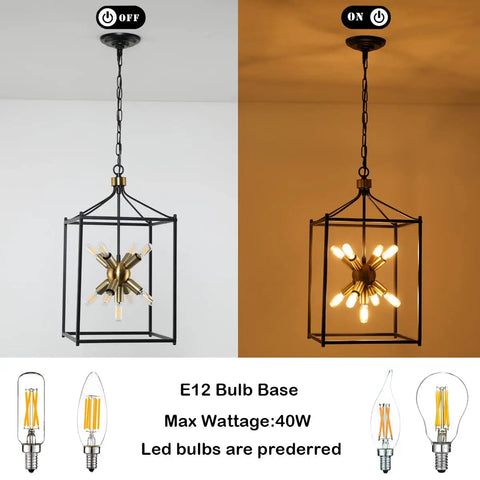 Industrial Farmhouse Chandelier Lantern Pendant Light Nine Light Fixture Built To Last In Black And Gold With Metal Frame For Dining Room Living Room Kitchen Bar Entryway Rustic Modern Style