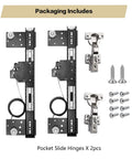 Slick Heavy Duty Pocket Door Slide Hinge Kit With Thick Cold Rolled Steel And Dual Row Ball Bearings For A Damn Smooth Invisible Sliding Motion On Inset Wood Doors components and hardware for installation.