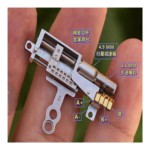 11mm Stroke Linear Actuator With 5V 2-Phase 4-Wire Stepper Drive, beefy precision metal gearbox details on fingertip