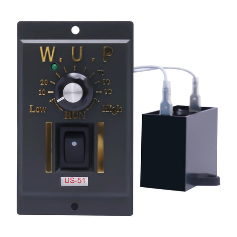 Front view of gray 250W 110V variable-speed AC gear motor controller with dial, on/off switch, and transformer