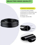 Ultimate Drip Irrigation Kit With 100 Ft Hose showing black coiled hose and diameter dimensions, highlighting bending ability.
