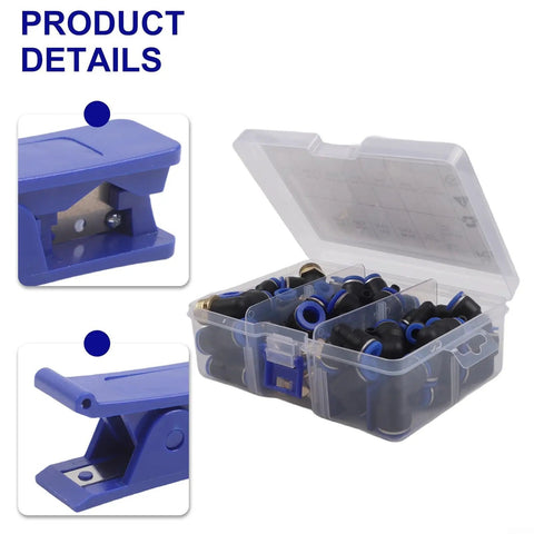 Top Notch 53 Piece Pneumatic Fitting Bundle With Quick Connect Push To Air Hose Links In 1/4 3/8 And 1/2 Inch Sizes Featuring Sturdy Zinc Alloy Elbows Tees And Straight Adapters For Heavy Duty Industrial Plumbing Jobs That Need Zero Leaks And Serious. clear plastic case with blue push-to-connect pneumatic fittings