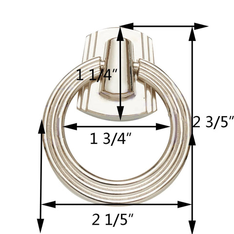 5 Pack 2.2 Inch Footed Nickel Ring Drawer Pulls For Cabinets And Cupboards, heavy duty, classic design, with detailed measurements