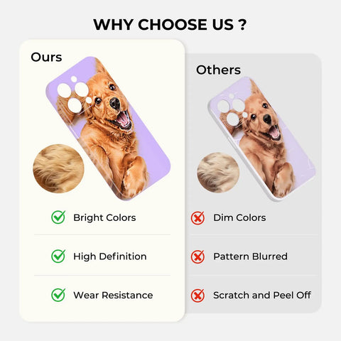 Comparison showing bright colors on our printable sublimation heat transfer film for phone cases versus others.