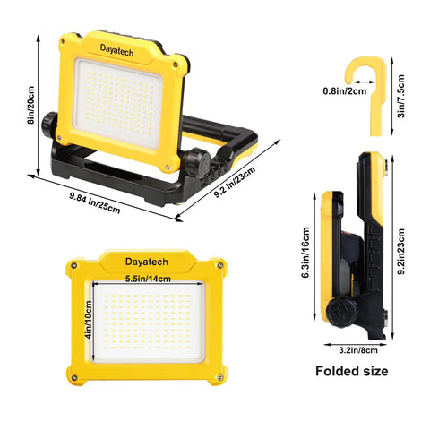 Rechargeable LED Work Light Cordless Portable 4000LM with Magnetic Base in yellow plastic, showing dimensions and folded view