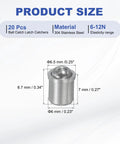 Heavy Duty 20 Pack 304 Stainless Steel Ball Plungers for Cabinet Doors and Furniture Drawers with size details.