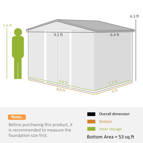 Dimensions of 9x6 Outdoor Metal Storage Shed With Foundation Kit, Double Lockable Doors, Air Vents, Sloping Roof, Tough As Nails Backyard Tool Shed, Light Gray