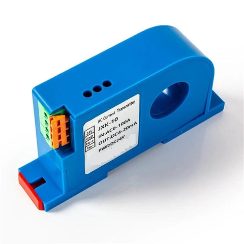 Top Shelf Hall Effect Current Transmitter Split Core Analog Output Monitor, blue, 100A input, compact design for industrial use.