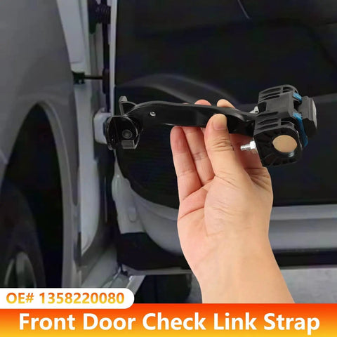 Hand holding Fiat Ducato Door Hinges With Limiter Check Strap Fits 2006 2007 2008 2009 2010 2011 Vans near van door