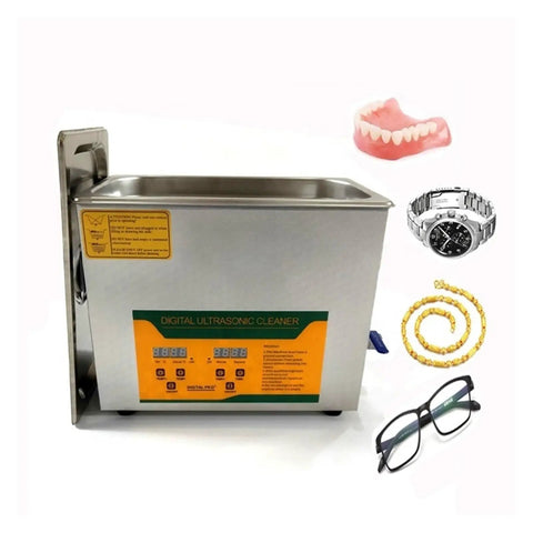 Top Notch Portable Ultrasonic Cleaner Tank Cuts Through Grime On Eyeglasses Sunglasses And Vinyl Albums With Digital Warmth, stainless tank with controls and cleaning items.