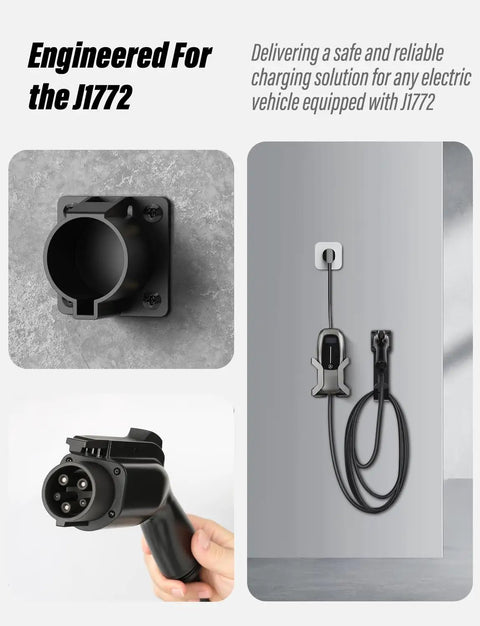 Heavy Duty Wall Mount J Hook Bracket to Store J1772 EV Charger Cables, black charging plug and wall mount holder.