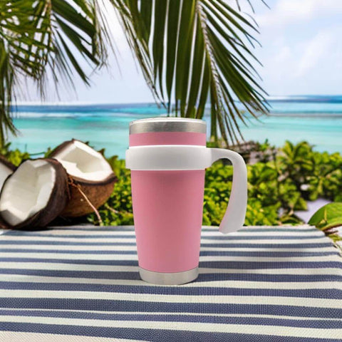 Pink tumbler with Anti Slip 20 Oz Tumbler Handle With Comfy Grip For Vacuum Insulated Travel Mugs in white on a tropical background.