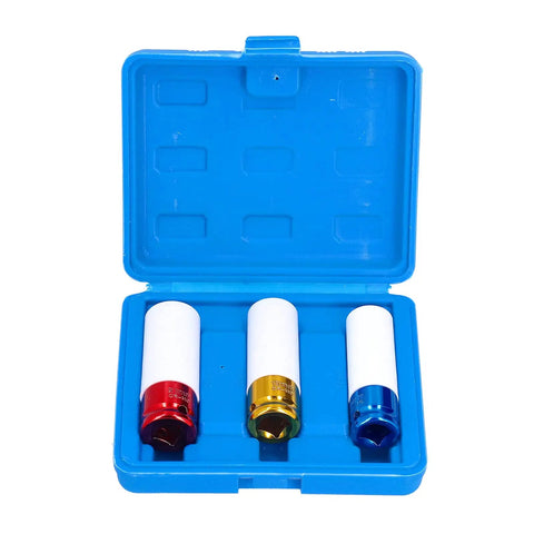 Heavy Duty 3 Piece Thin Wall Lug Nut Socket Set With Deep Wheel Protectors For 17 19 And 21 Mm Impact Removal Jobs On Any Car Or Truck open case