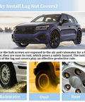 Graphic showing a car with VW 20 Piece Wheel Lug Nut Covers Caps With Removal Tool Replacement highlighting protection benefits against rainwater, dust, and rust.