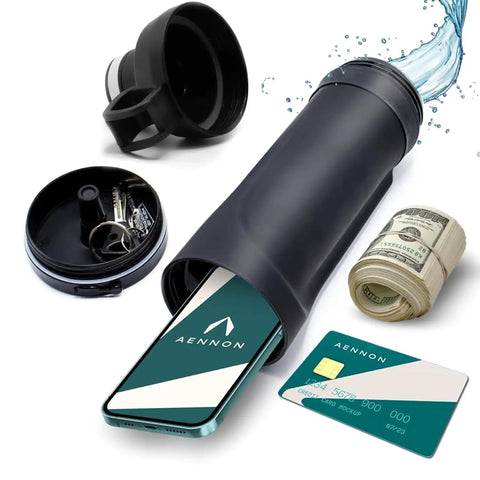Water Bottle With Hidden Bottom Compartment Secret Storage For Cash Keys Cards Travel Gym Beach Outdoor Use Discreet Dual Purpose Bottle For Safe On The Go, showing open compartment storing phone, cards, and keys
