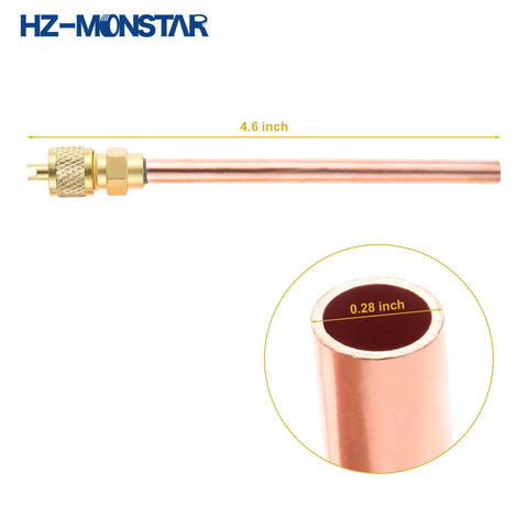 HZ-MONSTAR piercing valve kit side view: copper 4.6-inch tube with brass BPV-31 valve; inset shows 0.28-inch bore.