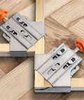 Stainless Steel 90 Degree Corner Clamp Set With Adjustable Swivel Jaws, Dope Pro Grade Right Angle Woodworking Clamp For DIY Cabinet Framing, Precise Joint Alignment, And Workshop Projects. Stainless steel 90° clamp holding wood corners