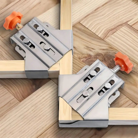 Stainless Steel 90 Degree Corner Clamp Set With Adjustable Swivel Jaws, Dope Pro Grade Right Angle Woodworking Clamp For DIY Cabinet Framing, Precise Joint Alignment, And Workshop Projects. Stainless steel 90° clamp holding wood corners