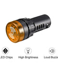 Close-up of Five Pack Yellow Indicator Light with Buzzer AC and DC 24V, 22mm panel mount, highlighting LED chips, high brightness, loud buzzer features