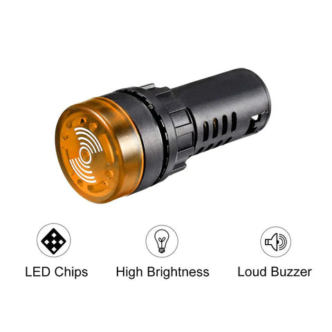Close-up of Five Pack Yellow Indicator Light with Buzzer AC and DC 24V, 22mm panel mount, highlighting LED chips, high brightness, loud buzzer features