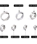 80 Piece Stainless Steel Single Ear Hose Clamps Kit With Pincers For Sizes 7 To 21 Millimeters, corrosion resistant clamps shown.