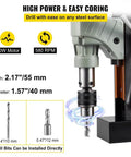 Heavy Duty Magnetic Drill Press Featuring A Heavy Hitter 1200 Watt Motor And One Point Five Seven Inch Boring Range With 13000 Newton Iron Grip double dovetail guide and drill bit details.