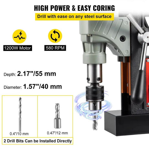 Heavy Duty Magnetic Drill Press Featuring A Heavy Hitter 1200 Watt Motor And One Point Five Seven Inch Boring Range With 13000 Newton Iron Grip double dovetail guide and drill bit details.