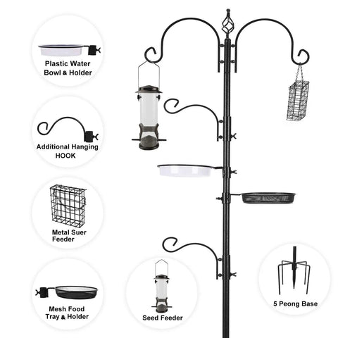Bird Feeding Station Kit With Adjustable Hooks And Trays, Tough Pole System For Hanging Big And Small Feeders, Suet Feeder, Bird Bath, And Planter Hanger For Easy Install To Attract Wild Birds All Season shown in diagram view