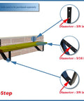Image showing detailed view of a 2 Pack 1 Step Black Steel Stair Stringer For 12 Inch Deck And Outdoor Steps With Bolts Easy Four Step Installation Tough Built To Last Metal Riser For Outdoor Stairs, highlighting bolt diameters of 3/8 inch and 5/16 inch.