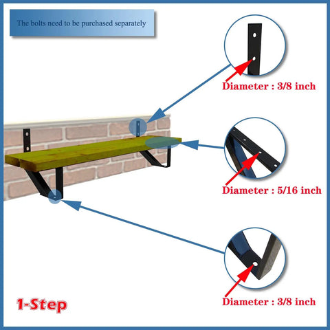 Image showing detailed view of a 2 Pack 1 Step Black Steel Stair Stringer For 12 Inch Deck And Outdoor Steps With Bolts Easy Four Step Installation Tough Built To Last Metal Riser For Outdoor Stairs, highlighting bolt diameters of 3/8 inch and 5/16 inch.