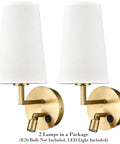 Set Of Two Modern Brass Gold Wall Sconces With Fabric Shade And USB Rechargeable Lights, Switch-Operated Wall Lamps