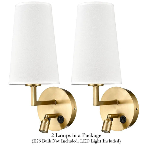 Set Of Two Modern Brass Gold Wall Sconces With Fabric Shade And USB Rechargeable Lights, Switch-Operated Wall Lamps