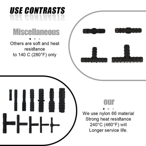 UHANBUT nylon vacuum line connector assortment, 125-piece set with 12 sizes, straight and Tee/reducer barbed fittings