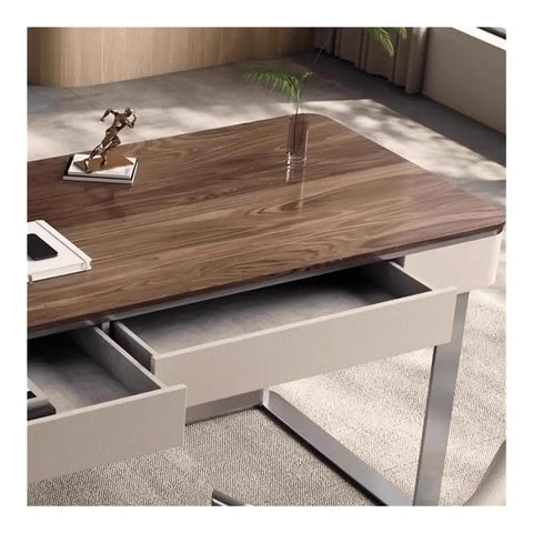 Next Level Standing Desk With Legit Storage Drawers And Rock Solid Steel Frame showing walnut top and open twin drawers.