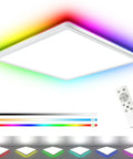 Remote Controlled 12 Inch LED Ceiling Light, Dimmable 24W Flush Mount Fixture with RGB backlight and remote, shown in multiple colors.