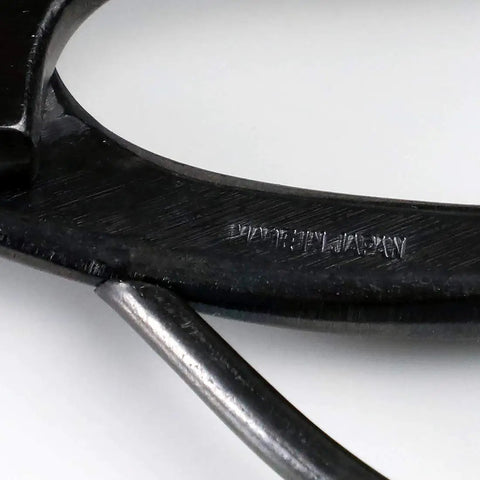 Close-up of handle with engraving on 7 Inch Japanese Bonsai Scissors For Precision Pruning Of Mini Trees Hasami Pruning Shears Made In Japan