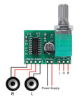 Top view of Dual Channel 5V Mini PAM8403 Audio Amplifier Module for DIY Projects with Potentiometer, wiring diagram visible.