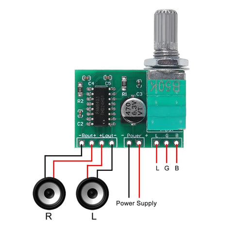 Top view of Dual Channel 5V Mini PAM8403 Audio Amplifier Module for DIY Projects with Potentiometer, wiring diagram visible.