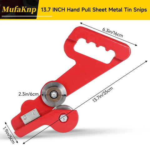 Portable Sheet Metal Cutter Hand Snips For Easy Cutting Of 28 Gauge Galvanized Steel And 0.4 Millimeter Cold Rolled Metal Handheld Tin Snips With Double Wheels For Smooth Precise Panel Slitting In A DIY Home Workshop, red handheld cutter with measured dimensions