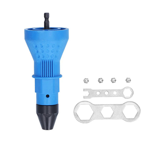Top Rated Ergonomic Rivet Drill Adapter Kit With Hex Wrenches And Nozzles For Fastening Tasks On Sheet Metal And Auto Parts Using Standard Power Drills To Install Rivnuts Effortlessly, blue drill adapter with wrenches