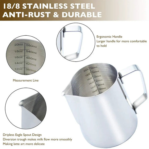 Milk Frothing Pitcher 20 Oz Stainless Steel Espresso Steaming Pitcher With Decorating Pen For Latte Art Cappuccino Coffee Lovers Barista Grade Durable 304 Food Grade Steel Dishwasher Safe Heat Resistant Silver with ergonomic handle and measurement line.
