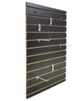 24X36 Inch Black Slatwall Panel For Home Garage And Retail Displays With Three Inch On Center Grid showing side view with hooks