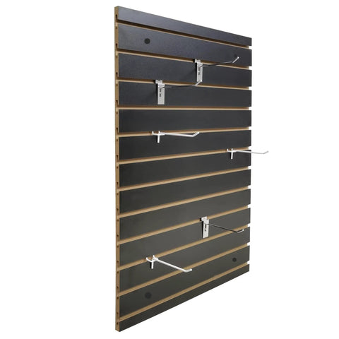 24X36 Inch Black Slatwall Panel For Home Garage And Retail Displays With Three Inch On Center Grid showing side view with hooks