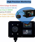 Digital LCD Power Meter For 50 Amp 120V Systems With NEMA 14 50 Connector displaying voltage, current, and power factor readings.