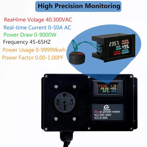Digital LCD Power Meter For 50 Amp 120V Systems With NEMA 14 50 Connector displaying voltage, current, and power factor readings.