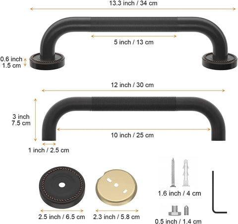 12 Inch Anti Slip Shower Grab Bar In Antique Brass, Knurled Safety Hand Rail For Bathrooms with dimensions and installation parts