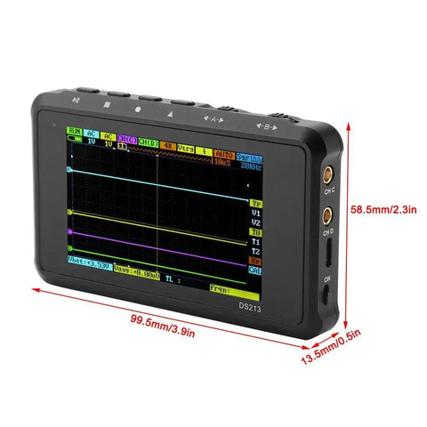 DS213 Tablet Oscilloscope 4 Channel Handheld Digital Storage Scope Kit with waveform display and size dimensions